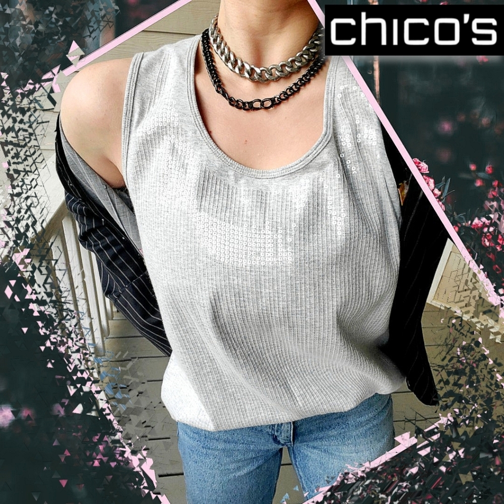 Chico's Zenergy Heather Grey Knit Clear Sequined Front Panel Sassy Tank Top
